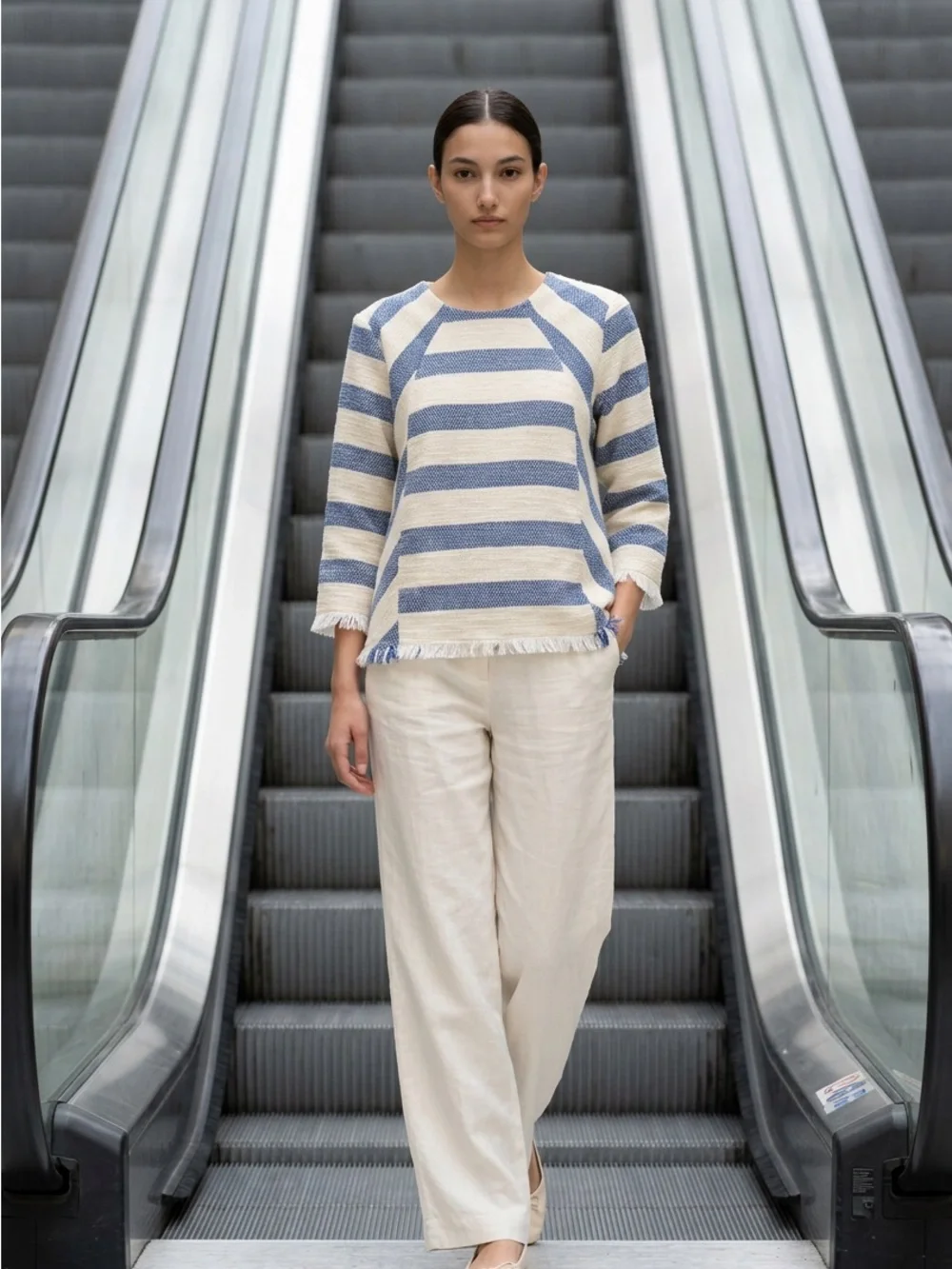 Zara Basic Collection Women’s M Blue Cream Striped Fringe Woven Pullover Top